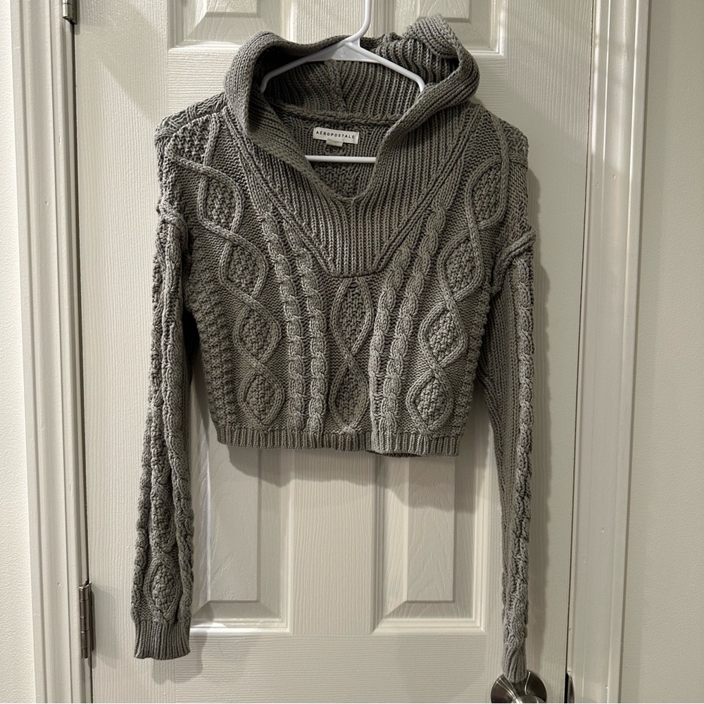 AEROPOSTALE Sage Green Cable Knit Hooded Cropped Sweater XS